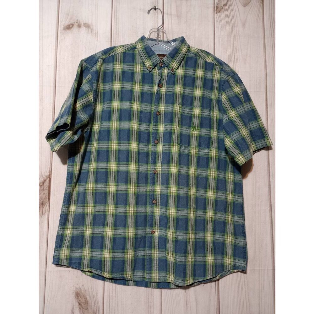 Bit and Bridle Shirt‎ Men's Large Chambray Blue Green Button Front Short Sleeve